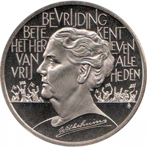 Реверс монеты Нидерланды, 2½ ЭКЮ, 1995, 50 лет освобождению. Королева Вильгельмина
