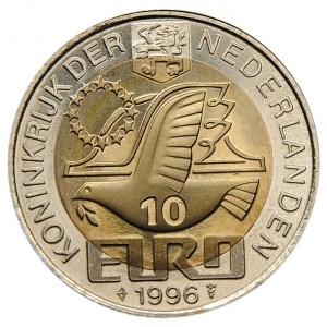 Аверс монеты Нидерланды, 10 евро, 1996, 400 лет со дня рождения Константейна Хёйгенса