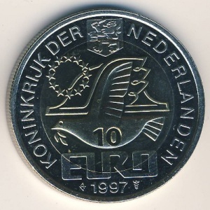 Аверс монеты Нидерланды, 10 евро, 1997, 350 лет со дня смерти П.К. Хофта