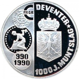 Реверс монеты Нидерланды, 1 ЭКЮ, 1990, 1000 лет монетному двору в Девентере