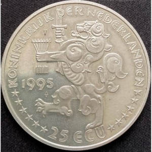 Реверс монеты Нидерланды, 25 ЭКЮ, 1995, 50 лет освобождению. Королева Вильгельмина