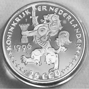 Аверс монеты Нидерланды, 25 ЭКЮ, 1996, Ян Вермеер