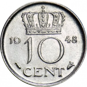 Реверс монеты Нидерланды, 10 центов, 1948