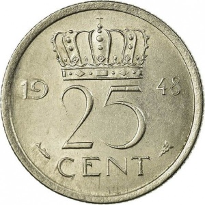 Реверс монеты Нидерланды, 25 центов, 1948