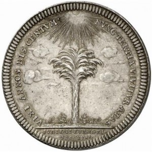 Реверс монеты Саксен-Гота-Альтенбург, 1 талер, 1717, 200 лет реформации /солнце светит над пальмой/