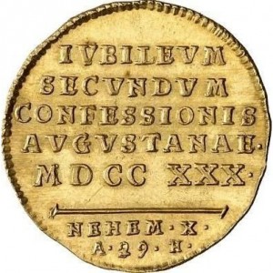 Реверс монеты Саксен-Гота-Альтенбург, 1 дукат, 1730, 200 лет Аугсбургской конфессии