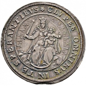 Реверс монеты Курфюршество Бавария, ½ талера, 1627, Мадонна со скипетром в правой руке на реверсе