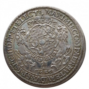 Аверс монеты Курфюршество Бавария, 1 талер, 1625, Дата в картуше внизу, Мадонна с младенцем, сидящая лицом вперед
