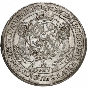 Аверс монеты Курфюршество Бавария, 1 талер, 1625, Дата в картуше внизу, Мадонна с младенцем, сидящая, слегка повернут…