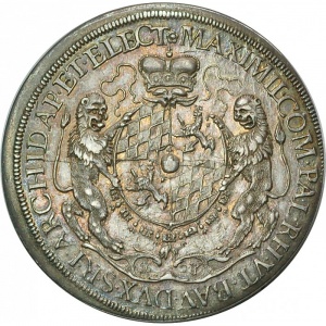 Аверс монеты Курфюршество Бавария, 1 талер, 1626-1627, Мадонна с младенцем слева с радиальными лучами сзади на реверсе