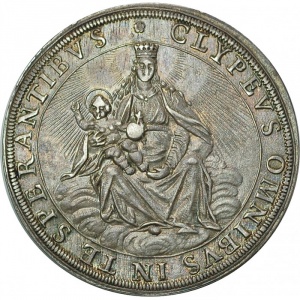 Реверс монеты Курфюршество Бавария, 1 талер, 1626-1627, Мадонна с младенцем слева с радиальными лучами сзади на реверсе
