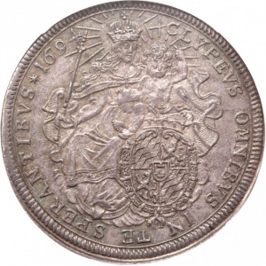 Реверс монеты Курфюршество Бавария, 1 талер, 1694, Armored and draped bust, with high, curly wig, to right
