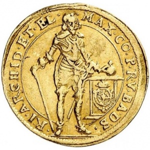 Аверс монеты Курфюршество Бавария, 1 дукат, 1645, Фигура с гербом на аверсе, вид города на реверсе