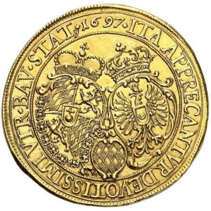 Аверс монеты Курфюршество Бавария, 2 дуката, 1697, Рождение принца Карла Альберта Баварского