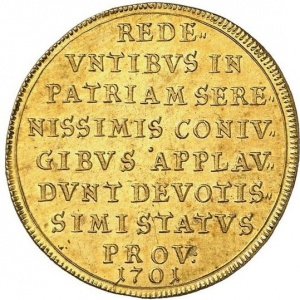 Реверс монеты Курфюршество Бавария, 2 дуката, 1701, Возвращение Максимилиана II Эммануила из Нидерландов