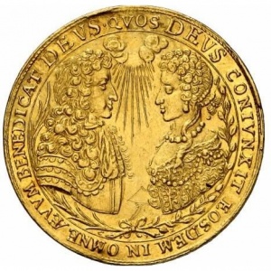 Аверс монеты Курфюршество Бавария, 5 дукатов, 1685, Брак Максимилиана II Эммануила и Марии Антонии Австрийской /бюсты…