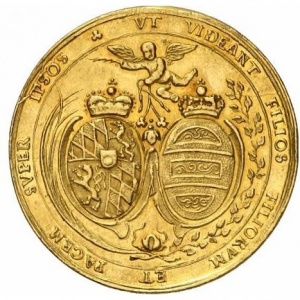 Реверс монеты Курфюршество Бавария, 5 дукатов, 1685, Брак Максимилиана II Эммануила и Марии Антонии Австрийской /бюст…