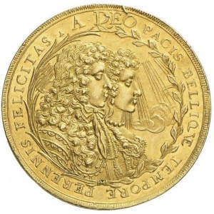 Аверс монеты Курфюршество Бавария, 5 дукатов, 1685, Брак Максимилиана II Эммануила и Марии Антонии Австрийской /бюсты…