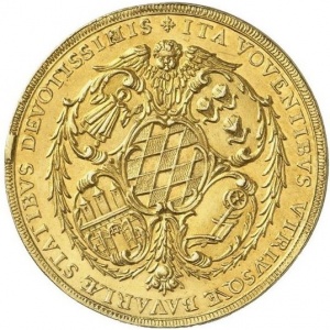 Реверс монеты Курфюршество Бавария, 5 дукатов, 1685, Брак Максимилиана II Эммануила и Марии Антонии Австрийской /бюст…