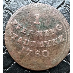 Реверс монеты Свободный город Аугсбург, 1 пфенниг, 1780, Шишка сосны в картуше, надпись дугой