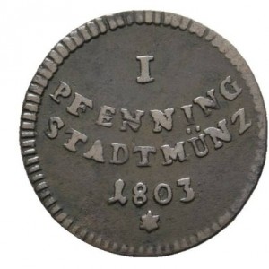 Реверс монеты Свободный город Аугсбург, 1 пфенниг, 1801-1805, Герб в высокой треугольной рамке