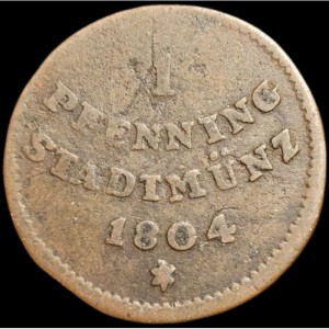 Реверс монеты Свободный город Аугсбург, 1 пфенниг, 1803-1805, Герб в короткой треугольной рамке