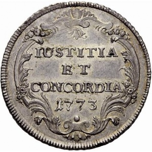 Реверс монеты Город Цюрих, ½ талера, 1773, Лев смотрит вниз, реверс - текст в картуше
