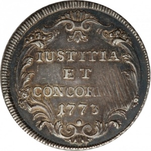 Реверс монеты Город Цюрих, ½ талера, 1773, Лев смотрит вверх, реверс - текст в картуше