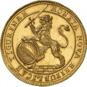 Аверс монеты Город Цюрих, 10 дукатов, 1701, Вид на город с укреплениями