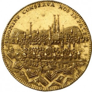 Реверс монеты Город Цюрих, 10 дукатов, 1701, Вид на город с укреплениями