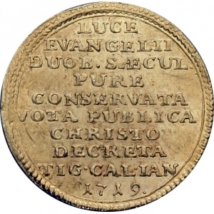 Реверс монеты Город Цюрих, 1 дукат, 1719, Ульрих Цвингли /золото/