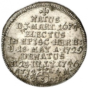 Реверс монеты Епископство Вюрцбург, 3 крейцера, 1746, Смерть Фридриха Карла фон Шенборн-Буххайма
