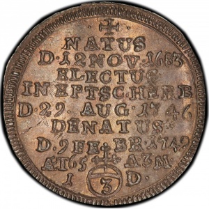 Реверс монеты Епископство Вюрцбург, 3 крейцера, 1749, Смерть Анзельма Франца фон Ингельхайма