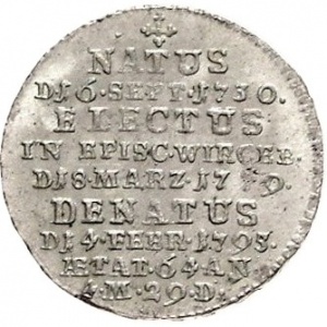 Реверс монеты Епископство Вюрцбург, 3 крейцера, 1795, Смерть Франца Людвига фон Эрталя /"MARZ" на реверсе, "F OR DUX"…