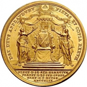 Реверс монеты Епископство Вюрцбург, 6 дукатов, 1749, Хиротония в сан Князя-епископа Карла Филиппа фон Грайффенклау-цу…