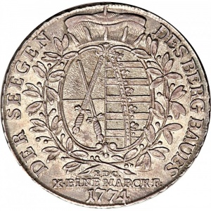 Реверс монеты Курфюршество Саксония, 1 талер, 1769-1790, Надпись: "DER SEEGEN DES BERGBAUS" на реверсе