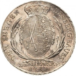 Реверс монеты Курфюршество Саксония, 1 талер, 1791-1793, Надпись: "DER SEEGEN DES BERGBAUS" на реверсе