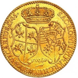 Реверс монеты Курфюршество Саксония, 1 дукат, 1745-1756, Надпись: "...EL & VICARIUS " на реверсе