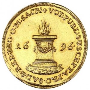 Реверс монеты Курфюршество Саксония, 2 дуката, 1696, Алтарь на реверсе
