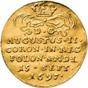 Реверс монеты Курфюршество Саксония, 1 дукат, 1697, Коронация Фридриха Августа I как Августа II польского /рука с саб…