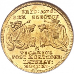 Реверс монеты Курфюршество Саксония, 1 дукат, 1711, Викарий Фридриха Августа I /регалии на столах/