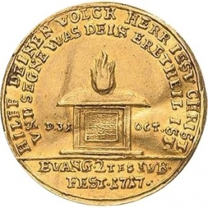 Реверс монеты Курфюршество Саксония, 1 дукат, 1717, 200 лет реформации