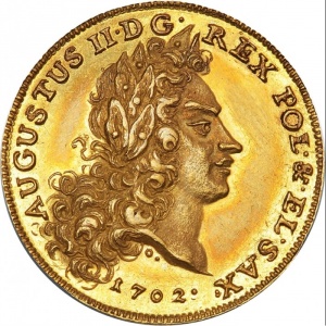 Аверс монеты Курфюршество Саксония, 2 дуката, 1702, Фридрих Август I награжден датским орденом Слона