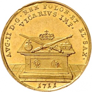 Реверс монеты Курфюршество Саксония, 2 дуката, 1711, Викарий Фридриха Августа I /регалии на алтаре/