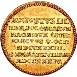 Реверс монеты Курфюршество Саксония, 2 дуката, 1734, Коронация Фридриха Августа II как Августа III Польского