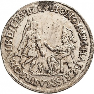 Аверс монеты Курфюршество Саксония, ¼ талера, 1617, 100 лет реформации, надпись: "HONOREM HAB..."