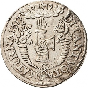 Реверс монеты Курфюршество Саксония, ¼ талера, 1617, 100 лет реформации, надпись: "HONOREM HAB..."
