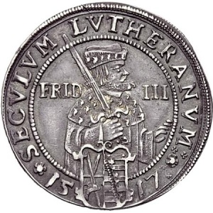 Реверс монеты Курфюршество Саксония, ¼ талера, 1617, 100 лет реформации, надпись: "VERBUM DOMINI..."