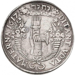 Реверс монеты Курфюршество Саксония, ½ талера, 1617, 100 лет реформации, надпись: "HONOREM HAB..."