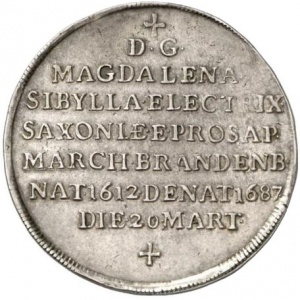 Реверс монеты Курфюршество Саксония, ⅔ талера, 1687, Смерть Магдалины Сибиллы, матери Иоганна Георга III